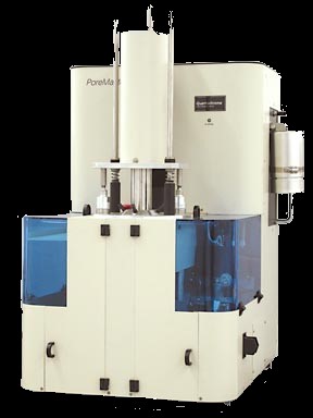 Non-wetting fluid (mercury) Intrusion device, by pressure, for pore size distribution determining in solid porous sample. Mercury intrusion pressure is raised automatically, up to 220 MPa, and intruded volume into sample is related with porosity determination.